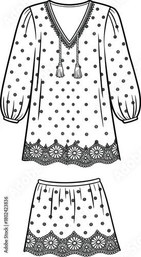 Fashion illustration, women's tunic and skirt, lace detailing, floral pattern, black and white sketch, stylish outfit, textile design, garment concept