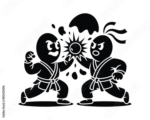 Two cartoon figures in martial arts uniforms clash with a bright sunburst between them.