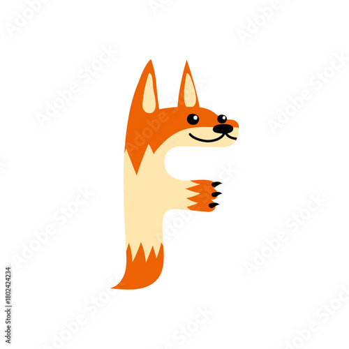Cute cartoon fox shaped like the letter F, with paws and a tail, isolated on white