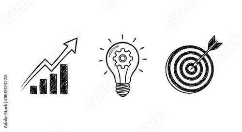 Sketch style icons: growth chart, lightbulb innovation, target success