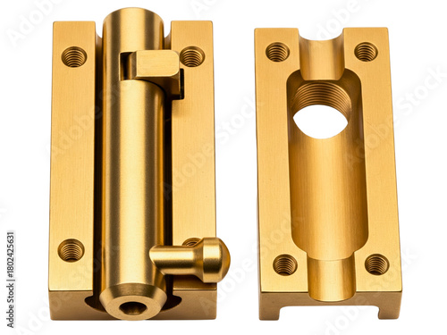Precision-machined brass components for an industrial lock on a transparent background