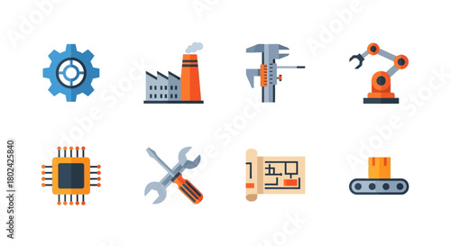 Industrial and engineering icons set featuring tools, machinery, and technology in a flat design style
