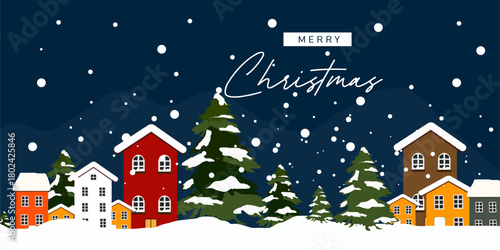 merry Christmas greetings Village Landscape with Charming Wooden Homes