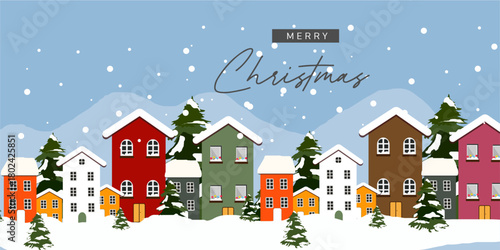 merry Christmas greetings Cozy Holiday town in a Snowy Winter Village