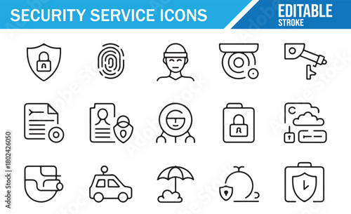 Security service outline icon set in clean editable stroke style featuring shields, locks, cameras, biometrics, cloud protection, documents, and cybersecurity elements for web, apps, IT, and surveilla