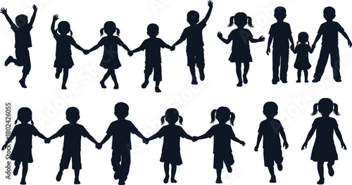 Silhouette children holding hands in two rows symbolizing unity teamwork friendship childhood cooperation playful group activity and togetherness concept