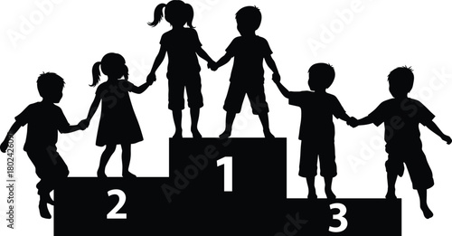 Silhouette children standing on winner podium holding hands representing teamwork unity leadership friendship childhood success cooperation playful group activity concept
