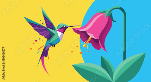 Stylized low-poly hummingbird with vibrant colors drinking nectar from a pink flower against a bold yellow and blue background.