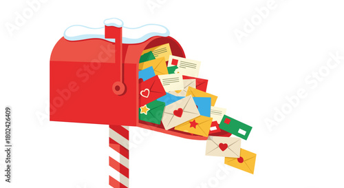 Festive red Christmas mailbox with a candy cane pole, overflowing with holiday letters, greeting cards, and envelopes.