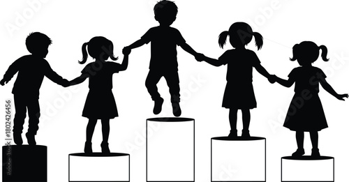 Silhouette group of children standing on podium steps holding hands, teamwork unity growth concept showing playful kids together in outdoor educational activity