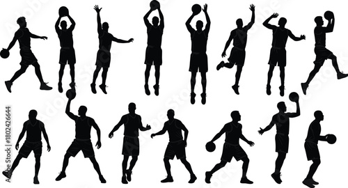 Silhouette of basketball players in different action poses, playing basketball, jumping, dribbling, shooting, training, teamwork, athletic fitness illustration