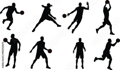 Silhouette of basketball players in motion, people playing basketball, dribbling, shooting, jumping, action sport illustration, athletic training, fitness exercise