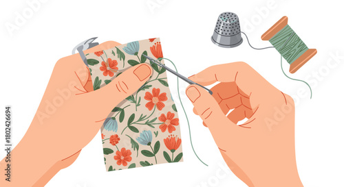 Close-up illustration of a person's hands engaged in the hobby of sewing, using a needle and thread on a floral patterned fabric.