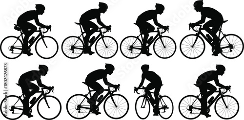 Silhouette of cyclists riding bicycles in motion, group of people cycling together, fitness training, sport exercise, healthy active lifestyle