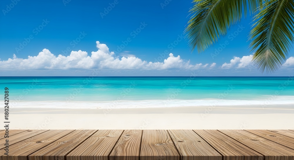 Fototapeta premium Tropical beach paradise with wooden deck and palm fronds