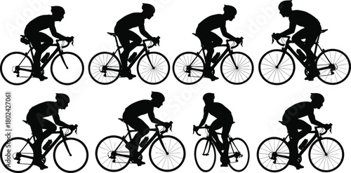 Cyclists silhouettes riding bicycles in motion, group of people cycling together, outdoor sport, fitness training, active healthy lifestyle concept