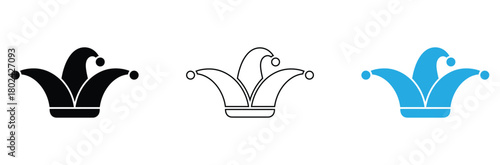 Whimsical jester hats icons in black, outline, and blue represent playful spirit, lightheartedness, and festive fun for entertainment and creative projects