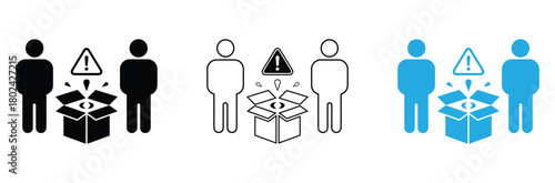 Unboxing risks and surprises, icon set showing potential dangers in new products, revealing hidden problems or unexpected outcomes for users