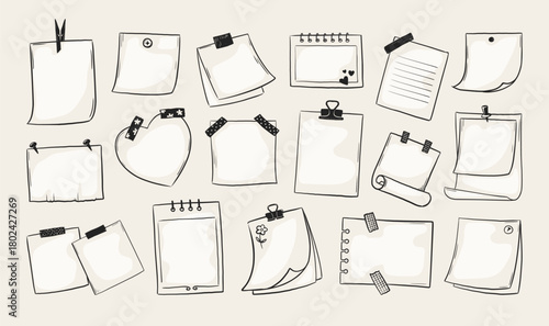 Paper sketch. Hand drawn empty frame, line blank note sheet or clip memo post. Scribble, sketchy notepaper clip, stick messages, notice in notepad. Vector doodle isolated stationery set