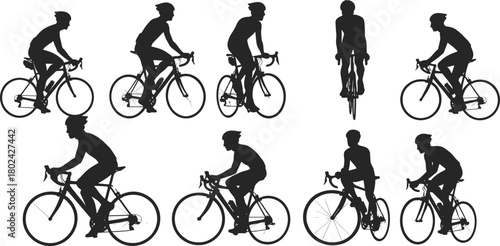 Cyclist silhouettes collection showing people riding bicycles, outdoor fitness exercise, healthy lifestyle, sport activity and motion illustration design