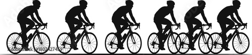 Silhouette of group cyclists riding in formation, teamwork and endurance sport illustration showing motion, fitness and healthy lifestyle concept