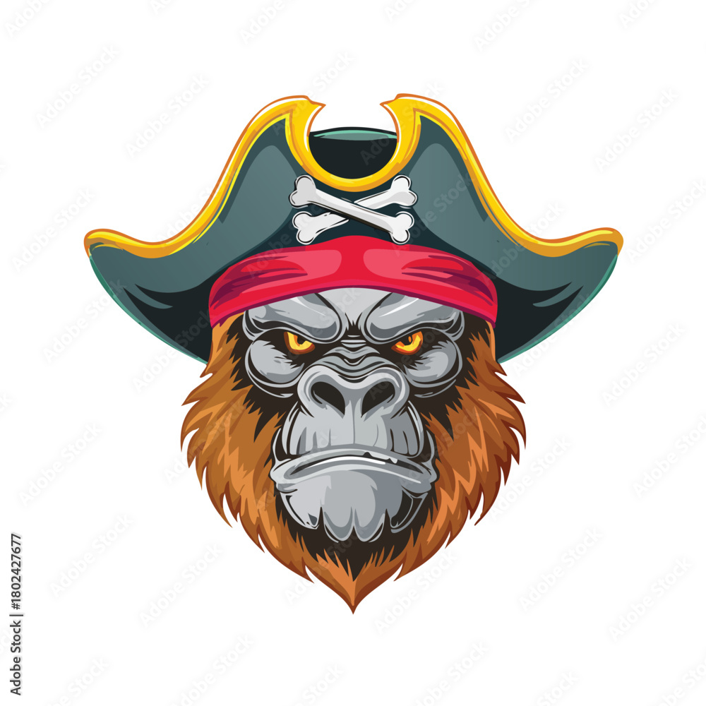 Naklejka premium Pirate gorilla mascot – vector illustration of gorilla wearing pirate hat with skull emblem