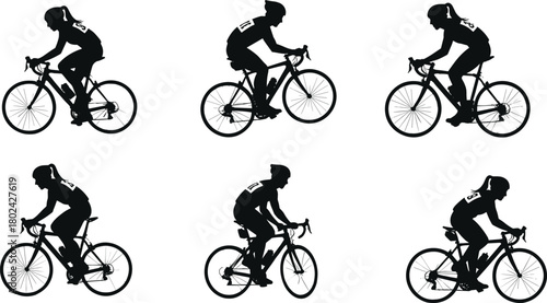 Silhouette of professional cyclists racing on road bikes, outdoor competition illustration showing motion, fitness, teamwork and healthy lifestyle concept