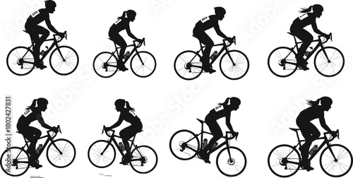 Silhouette of professional cyclists racing on bicycles, competitive outdoor sport illustration showing speed, motion, fitness and healthy lifestyle concept