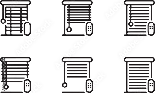 Automated blinds line art icon set. Containing smart home technology grid lines. Flat black editable vector illustration