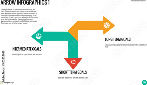 Arrow Infographics - Goal Setting. Illustrate strategic goal setting, differentiating between short-term, intermediate, and long-term objectives with directional arrows