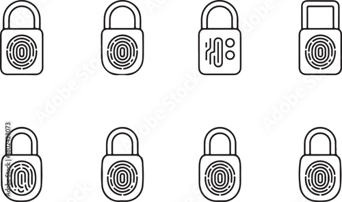 Biometric lock line art icon set. Containing protection, secure lock, syber security. Flat black editable vector illustration