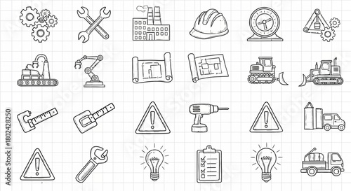 Construction tools and machinery icons in linear industrial style on grid background