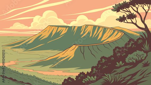 “Haleakalā State Park with crater and sunrise, tropical vector”