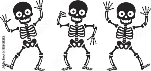 Dancing skeletons illustration, black and white sketch, Halloween art, spooky characters, fun pose, bone anatomy, festive design, cartoon style