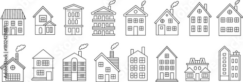 Hand-drawn building illustrations, black and white sketch, diverse architecture, urban homes, apartment designs, chimney smoke, creative facade art