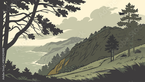 “Mount Tamalpais State Park with forest and ocean view, moody vector”