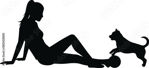 Silhouette of woman sitting on ground playing with dog and ball, pet love, outdoor relaxation, friendship illustration