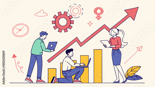 Ambitious young team planning practical steps in meeting room with floating 2D charts and success icons behind them