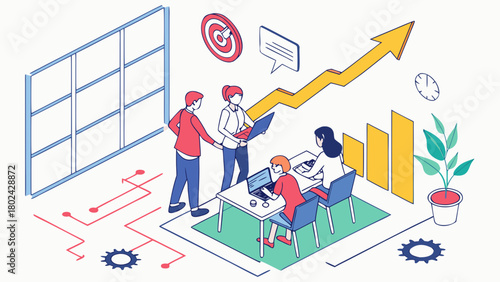 Ambitious young team planning practical steps in meeting room with floating 2D charts and success icons 