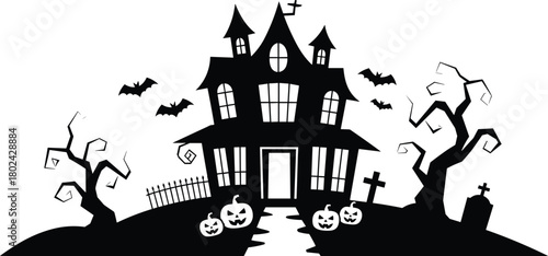 Haunted house silhouette, Halloween illustration, spooky trees, bats, jack-o'-lanterns, graveyard scene, black and white sketch, eerie design