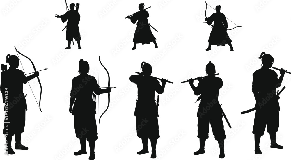 Obraz premium Samurai warriors silhouette with swords and bows, 