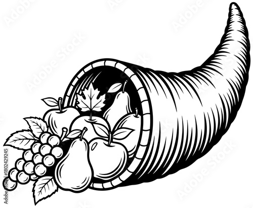 Abundant cornucopia overflowing with autumn harvest fruits symbol of Thanksgiving