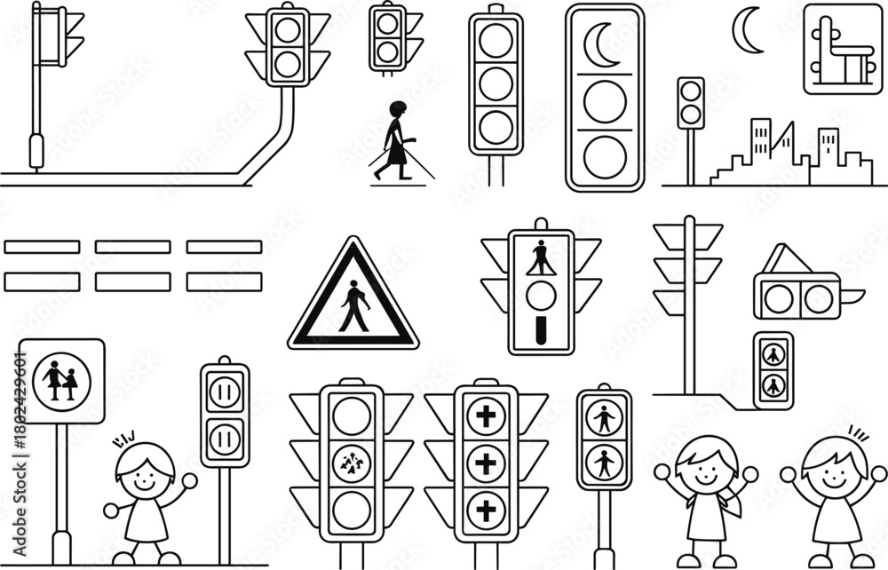 Fototapeta premium Traffic safety icons, pedestrian signs, children illustration, black and white sketch, road signals, educational design, urban awareness, line art