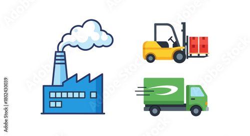 Colorful flat icons of factory, forklift, and delivery truck for industrial themes
