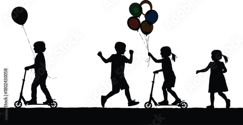 Happy children playing outdoors on scooters holding colorful balloons silhouette, joyful kids activity, childhood freedom, fun park recreation, friendship scene