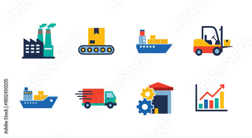 Logistics and supply chain icons: flat design illustrations of transport and industrial elements