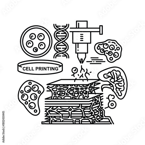 Bioprinting, regenerative medicine, and dna research line icon set.