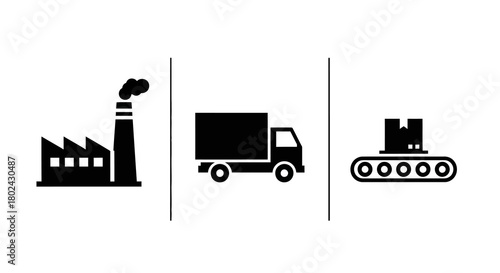 Industrial icons: factory, truck, and bulldozer in minimalist silhouette design