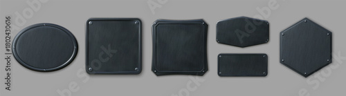 Black plate. Steel metal sign. Game button frame with rivet. UI panel with plaque texture. Tag border. Geometric isolated shapes attached with screws. Nameplate tablet. Vector boards set