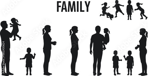 Silhouette of happy family with parents and children playing together, family love, bonding, parenthood, childhood joy, family concept